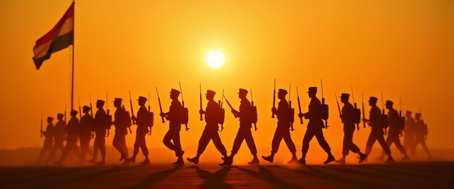 Indian Army soldiers marching at sunset